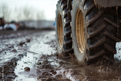 A tractor driving with mud underneath its wheels. Environmental awareness. Climate. A tire of the tractor in mud. Machinery. A truck in dirt. Farm. Drips of mud under the wheel. Muddy field. Splashes