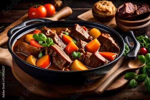 A dish of thick and hearty beef stew filled with pieces of tender flesh