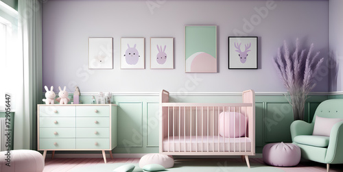Whimsical Wonder  Scandinavian-inspired Baby Room Adorned with Baby Pink  Soft Lavender  and Mint Green Shades  Creating a Calm Atmosphere