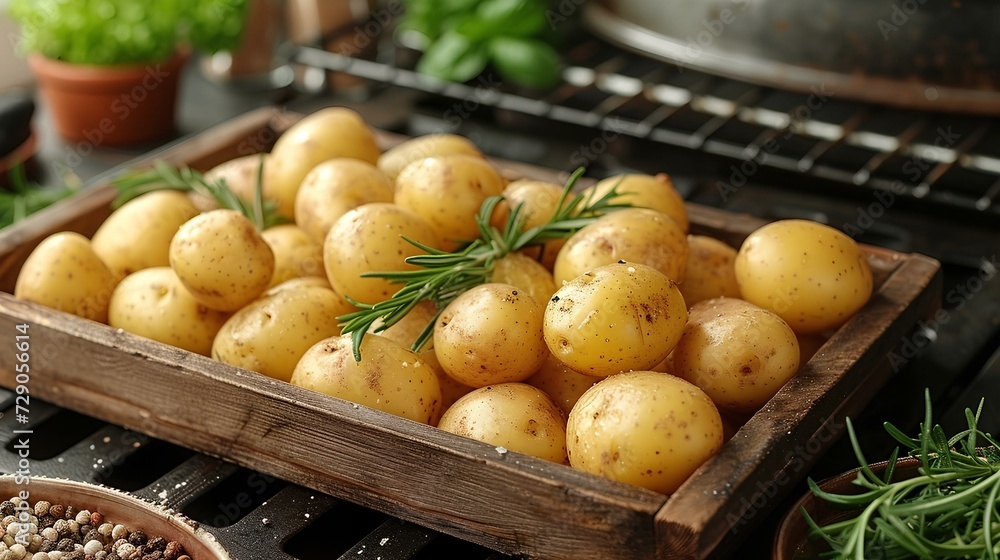 photo of a wooden basket filled with fresh potatoes on a wooden table with a kitchen and grill in the background photo of a wooden basket filled with fresh potatoes on a wooden table with a kitchen and grill in the background