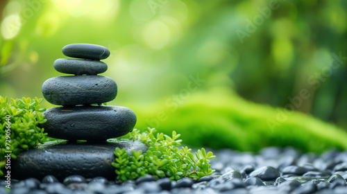Zen stones stacked with lush greenery backdrop.