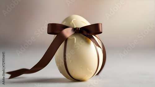 White chocolate Easter egg decorated with brown ribbon tie on graceful white blurred background with copy space