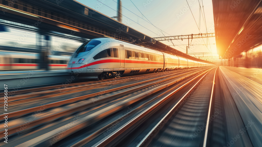 High-speed train zooming by at sunset.