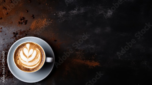 Glass filled with latte and delicately sprinkled with cinnamon rests against a black background.