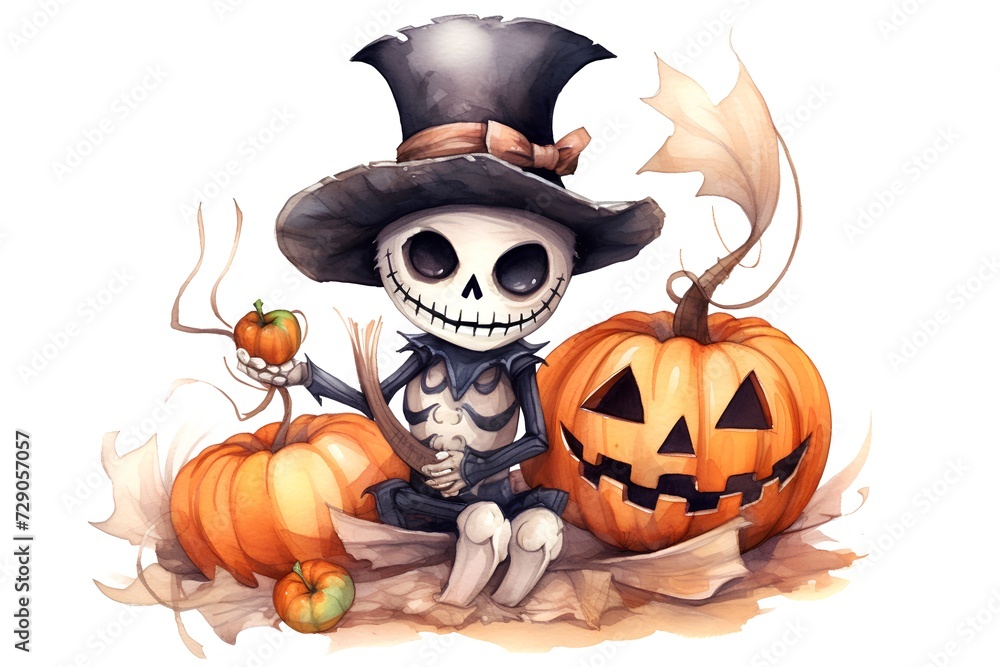 Fototapeta premium Hand drawn watercolor Halloween illustration with skeleton and pumpkins isolated on white background