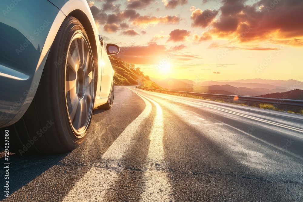 car on mountain road traveling around the world highways and sunset, tires on the asphalt road car on mountain road traveling around the world highways and sunset, tires on the asphalt road