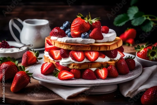 A delicious strawberry shortcake with layers of sponge cake and juicy strawberries.