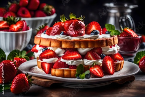 Delicious strawberry shortcake with layers of sponge cake and juicy berries.