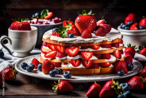 A tasty strawberry shortcake with layers of sponge cake and fresh berries