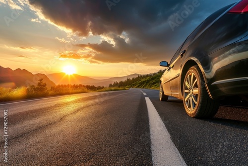car on mountain road traveling around the world highways and sunset, tires on the asphalt road photo