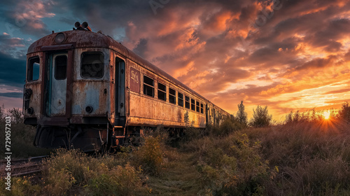 Derelict train carriage on tracks at sunset.