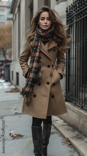A chic urban winter look with a fashion model wearing a tailored wool trench coat, knee-high leather boots, and a statement scarf, walking confidently in a city setting.