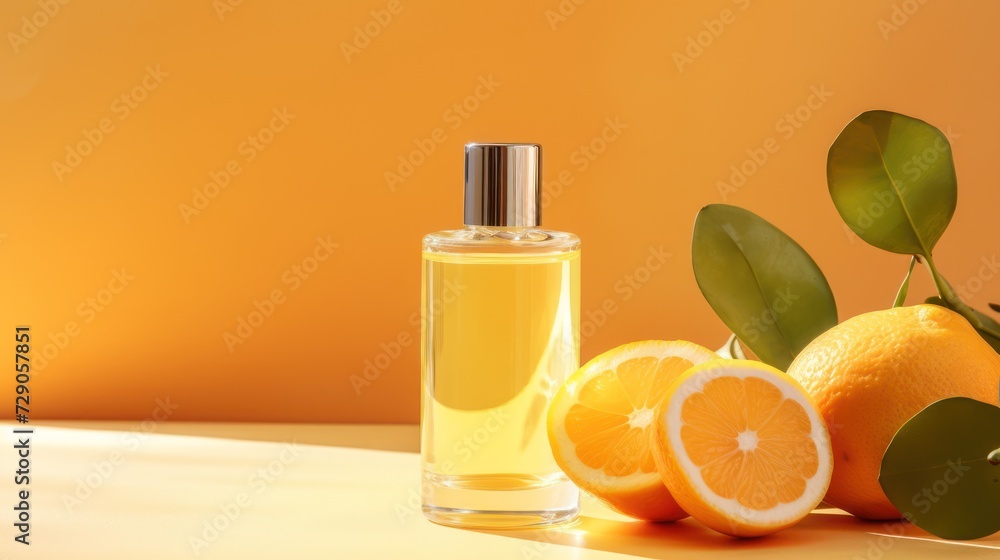 Bottle of citrus essential oil sits on the table, set against a vibrant orange backdrop. Bottle of citrus essential oil sits on the table, set against a vibrant orange backdrop.
