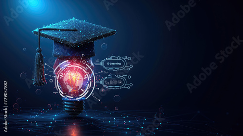 A digital illustration depicting a glowing light bulb with a graduation cap, symbolizing innovative online education and e-learning technology.