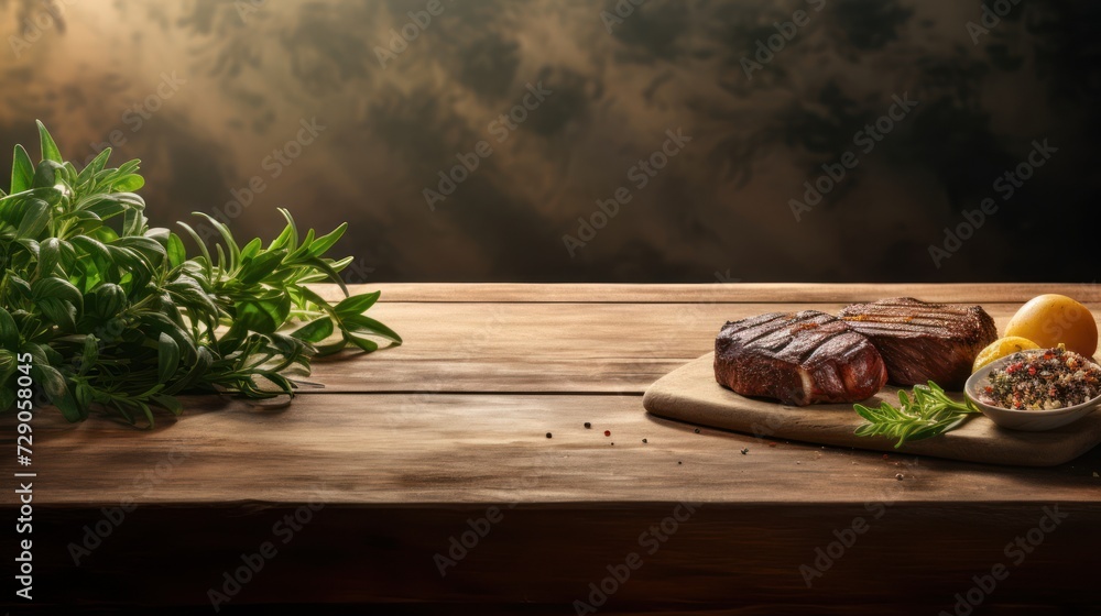 Grilled beefsteak with potatoes and herbs on a wooden table
