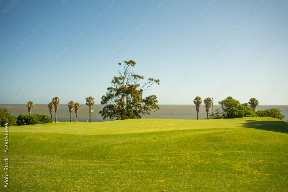 A panoramic photograph of a golf course with very smooth grass.