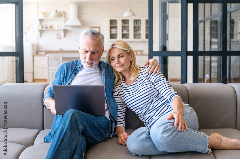 Middle age woman and man browsing internet, shopping online on notebook