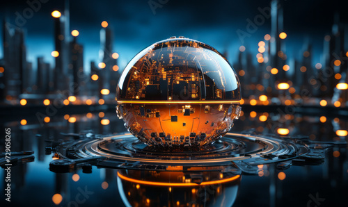 Futuristic spherical device with intricate patterns glowing on a dark, high-tech background