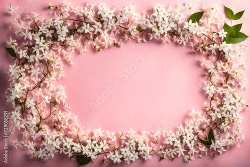  pink background with text copy space in middle with small white branch of the flower at the one side of the corner backgroun view "Tranquil Pink Background: Serene Copy Space with Delicate White Flo