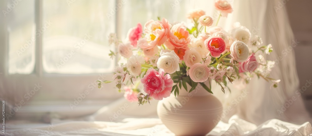 Selective focus image featuring a beige vase holding a spring bouquet of peonies and ranunculus. Selective focus image featuring a beige vase holding a spring bouquet of peonies and ranunculus.