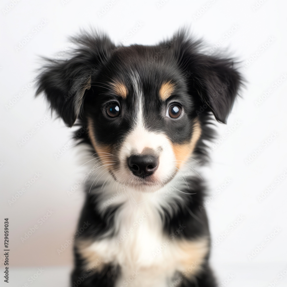 Adorable studio portrait capturing the innocence of a playful puppy against a clean white backdrop