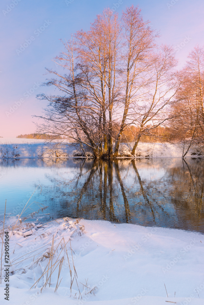 Golden winter sunrise on a calm snowy river bank with trees and their reflection in the water