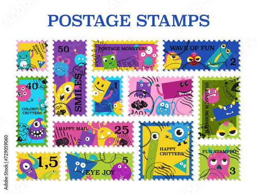 Postage stamp with funny cartoon monster character vintage mark design template set vector