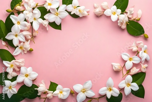  pink background with text copy space in middle with small white branch of the flower at the one side of the corner backgroun view  "Tranquil Pink Background: Serene Copy Space with Delicate White Flo © Ya Ali Madad 