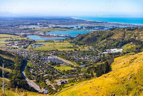 panorama of christchurch city as seen from the gondola summit, bridle path with scenic view of the city, canterbury, new zealand south island