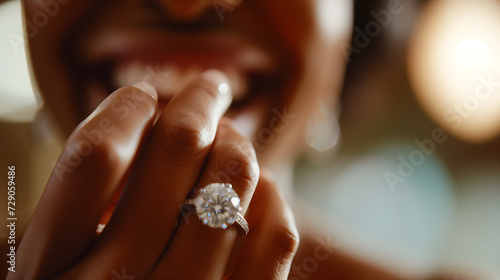 close-up photography capturing a joyful moment of a woman showcasing her engagement ring. The focus is sharply on the dazzling diamond ring perched on her finger