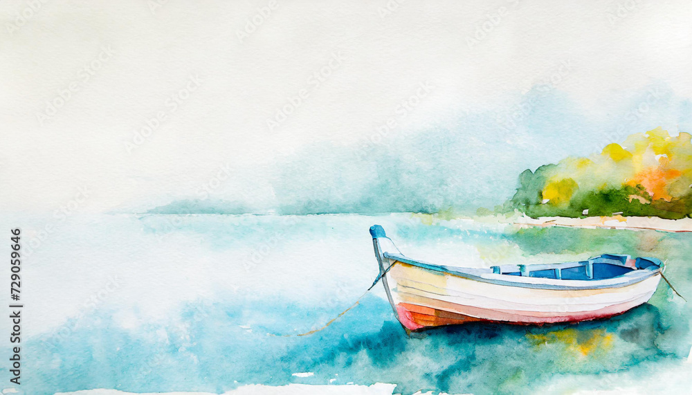 Fototapeta premium Boat on a light background. Vacation and summer holiday concept, watercolor, illustration