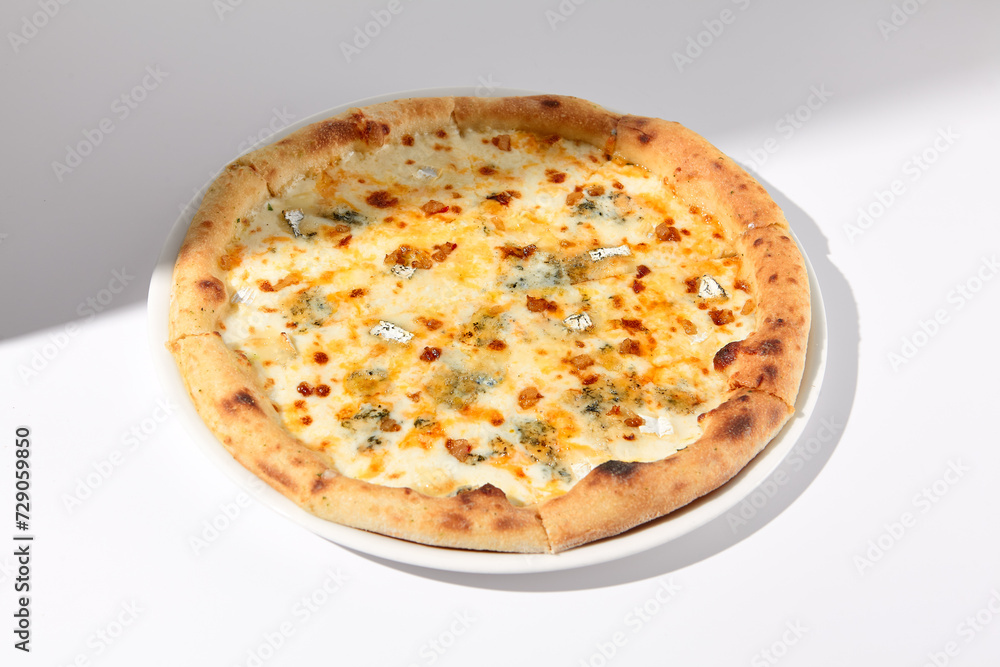Italian Quattro Formaggi Pizza with Four Cheeses on White with Shadow