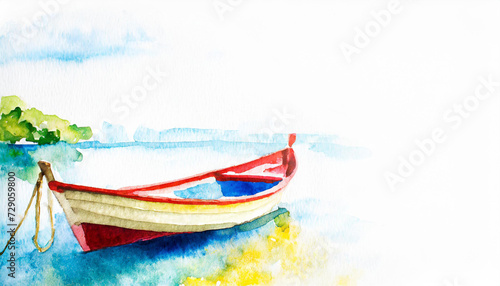 Boat on a light background. Vacation and summer holiday concept, watercolor, illustration