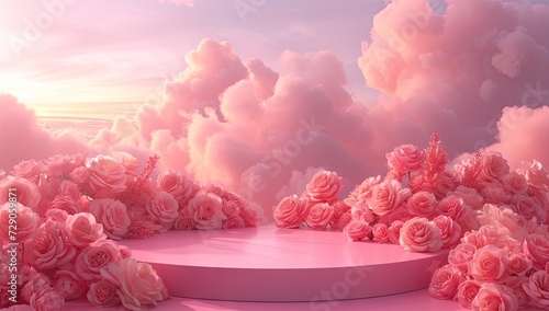 Elegant pink podium surrounded by beautiful arrangement of pink roses creating romantic and floral backdrop perfect for Valentine Day scene captures essence of love and celebration with fresh blossoms