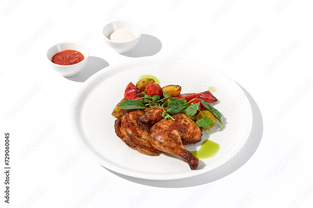 Grilled chicken tabaka with roasted potatoes and sauces, served on an isolated white background, perfect for restaurant menus Grilled chicken tabaka with roasted potatoes and sauces, served on an isolated white background, perfect for restaurant menus