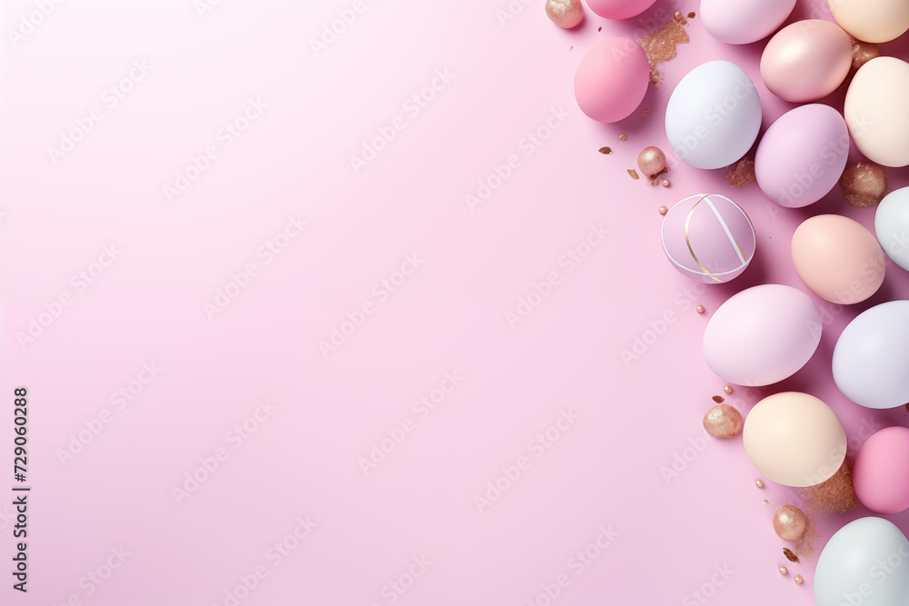 Colorful easter eggs on pastel pink color background with space