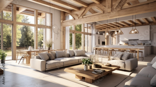 Elegant and spacious open concept interior rooms new construction with concrete floors designer decor wood beams on ceiling classic style © wiparat