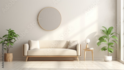 Interior of light living room with comfortable sofa, houseplants and mirror near light wall © wiparat