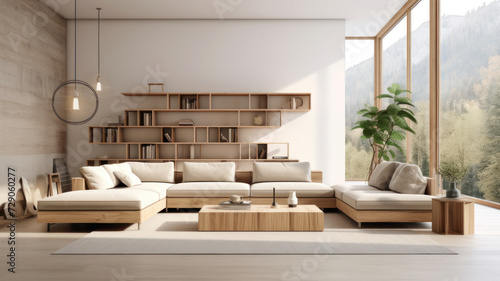 minimalist interior open space design modular sofa, furniture, wooden coffee tables, pillows, tropical plants elegant personal accessories in stylish home decor. Neutral living room