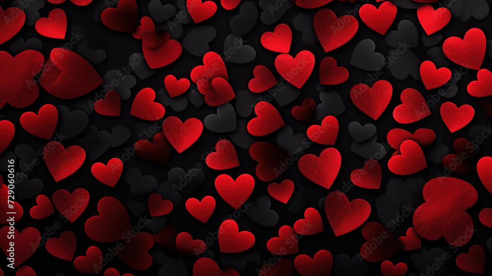 Beautiful valentines day background with red hearts on black background