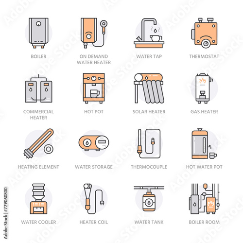 Water heater, boiler, thermostat, electric, gas, solar heaters and other house heating equipment line icons. Thin linear pictogram with editable stroke for household appliances. Orange Color