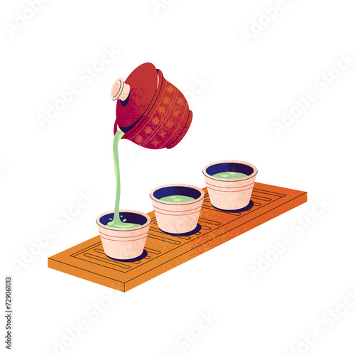 Traditional asian tea ceremony. Herbal drink pours from gaiwan into cups. Green chinese beverage from pot. Pottery teacups on wooden tray. Flat isolated vector illustration on white background