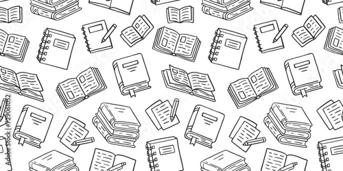 Books seamless pattern with doodle illustration. Literature education, library literature, open novel, dictionary, notes with pen, textbook line background hand drawn elements