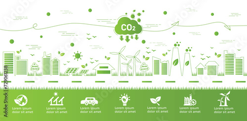 The concept of reduce co2 emission using clean energy and reduce climate change problem with flat icon vector illustration. Green environment templet infographic design for web banner. photo