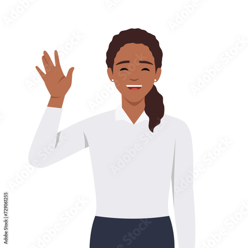 young good looking woman doing greet pose and say hi. Flat vector illustration isolated on white background