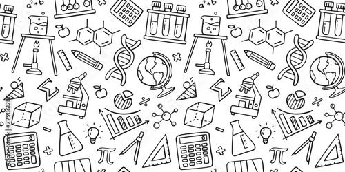 Education doodle seamless pattern. Science line hand drawn elements - mathematics formula, chemistry molecule, dna, graph, scientific experiment vector repeated background