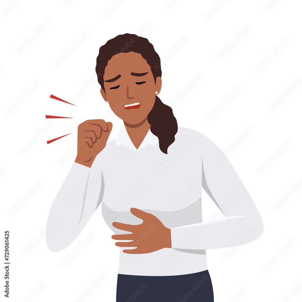 Illustration of young teenager girl coughing with fist in front of mouth. Flat vector illustration isolated on white background Illustration of young teenager girl coughing with fist in front of mouth. Flat vector illustration isolated on white background