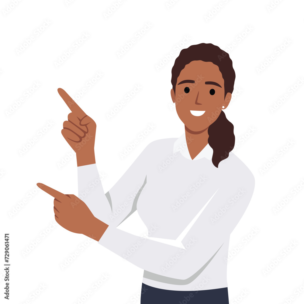 Woman hand pointing finger at left up corner with happy expression and advices use this copy space wisely Woman hand pointing finger at left up corner with happy expression and advices use this copy space wisely