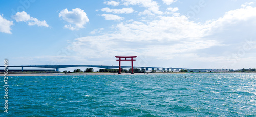 Bentenjima Red Torii Gate and Hamana Bridge, Hamamatsu, Shizuoka, Japan.