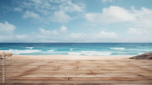 Wooden flooring graces the sandy beach, under the vast expanse of the sea and the clear blue sky.